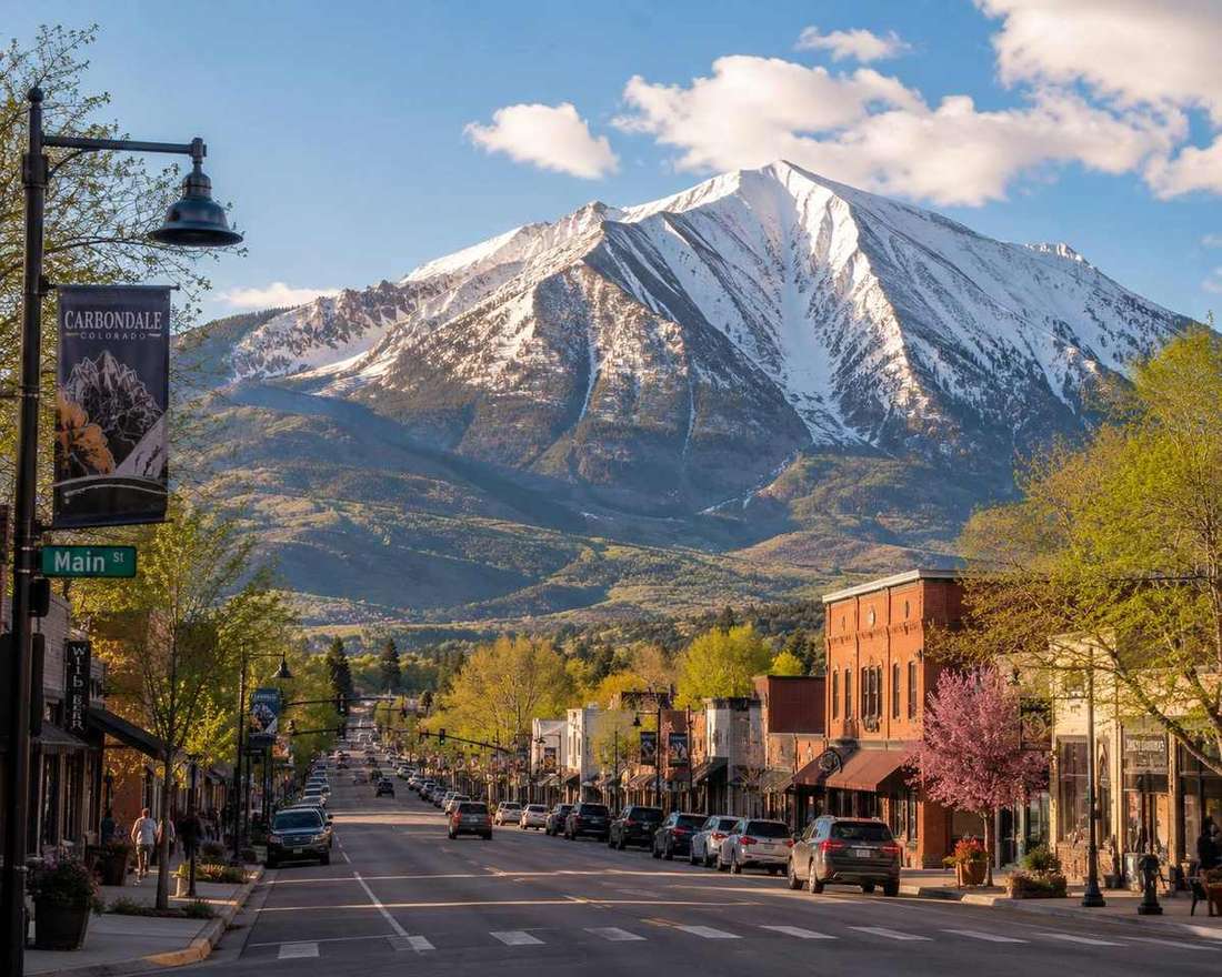 Downtown Carbondale, Colorado with snow-capped Mount Sopris rising behind Main Street