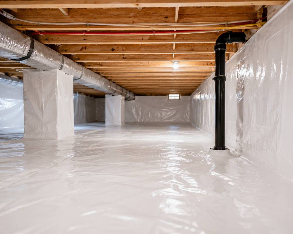 A crawlspace sealed with white vapor-barrier membrane across the floor and up the walls, radon suction pipe running through it