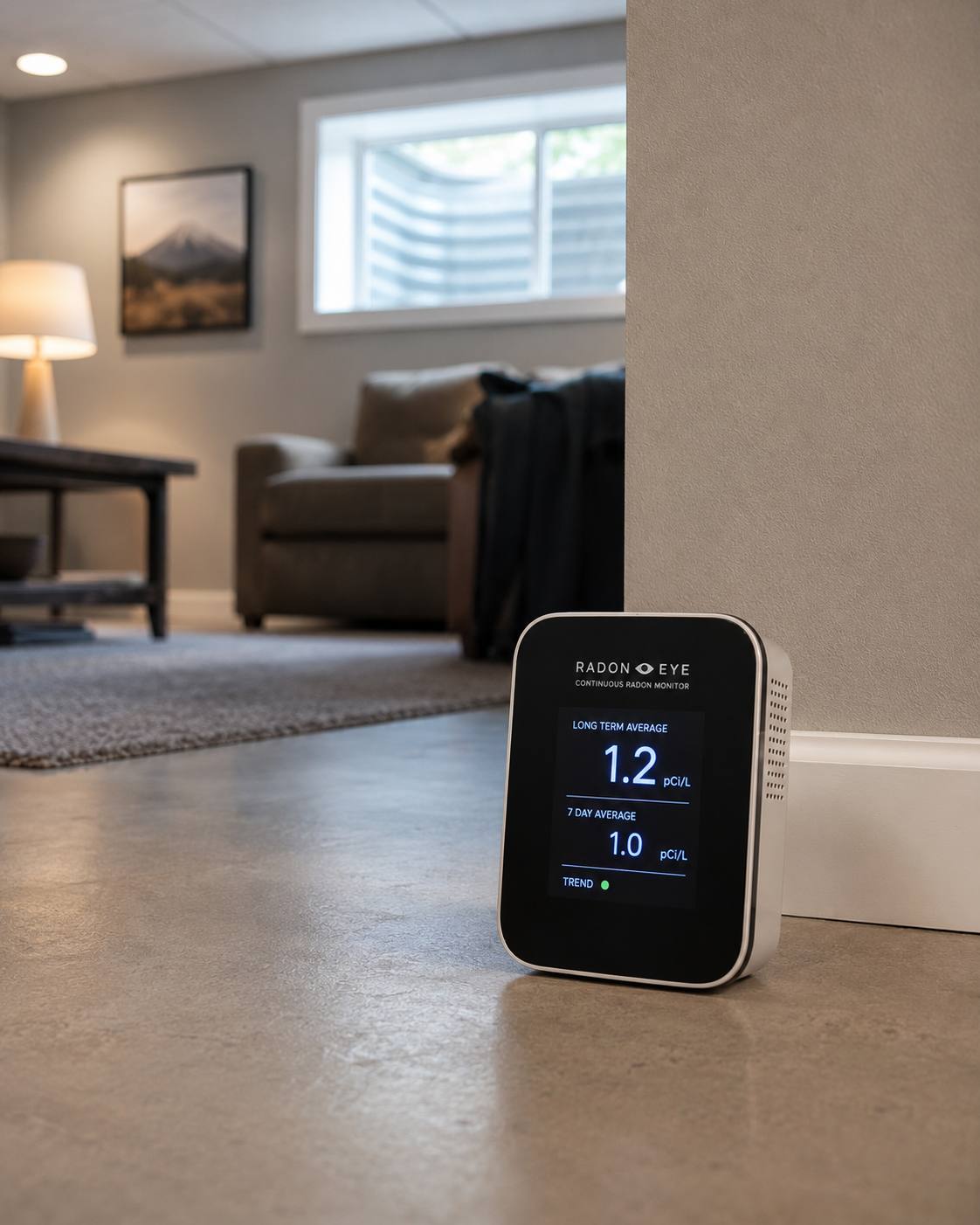 A professional continuous radon monitor displaying a low pCi/L reading on a finished basement floor