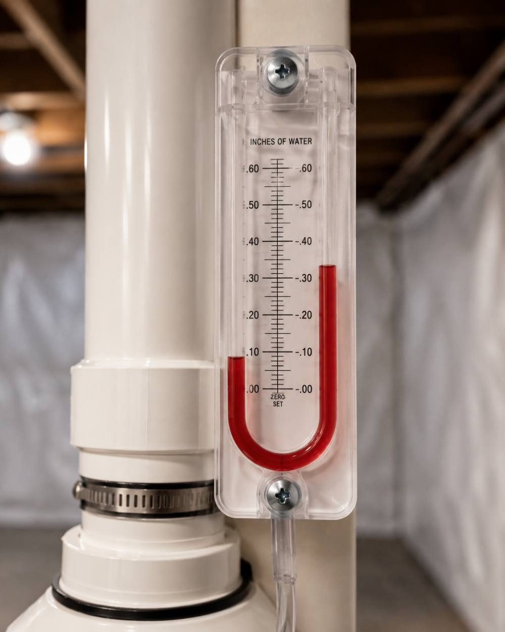 Close-up of a U-tube manometer with offset red fluid columns mounted on a white radon pipe