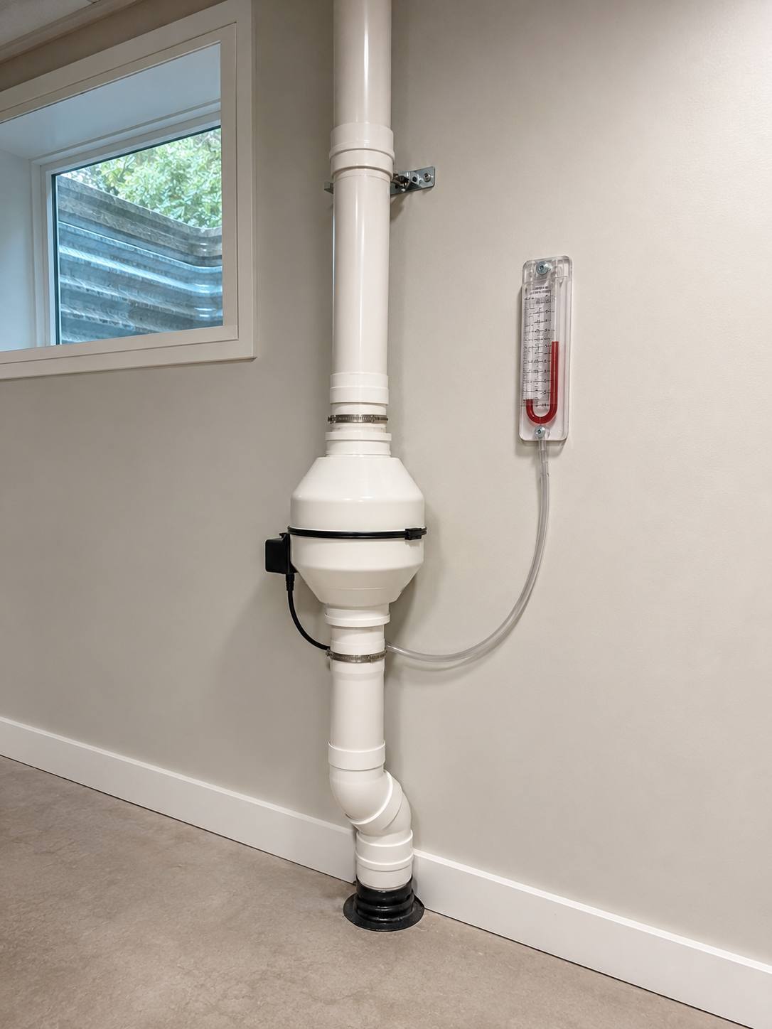 Finished sub-slab radon system: sealed white PVC riser, inline fan, and a U-tube manometer on a lower-level wall