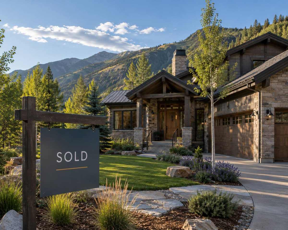 A Roaring Fork Valley home with a Sold sign in the front yard, mountains behind