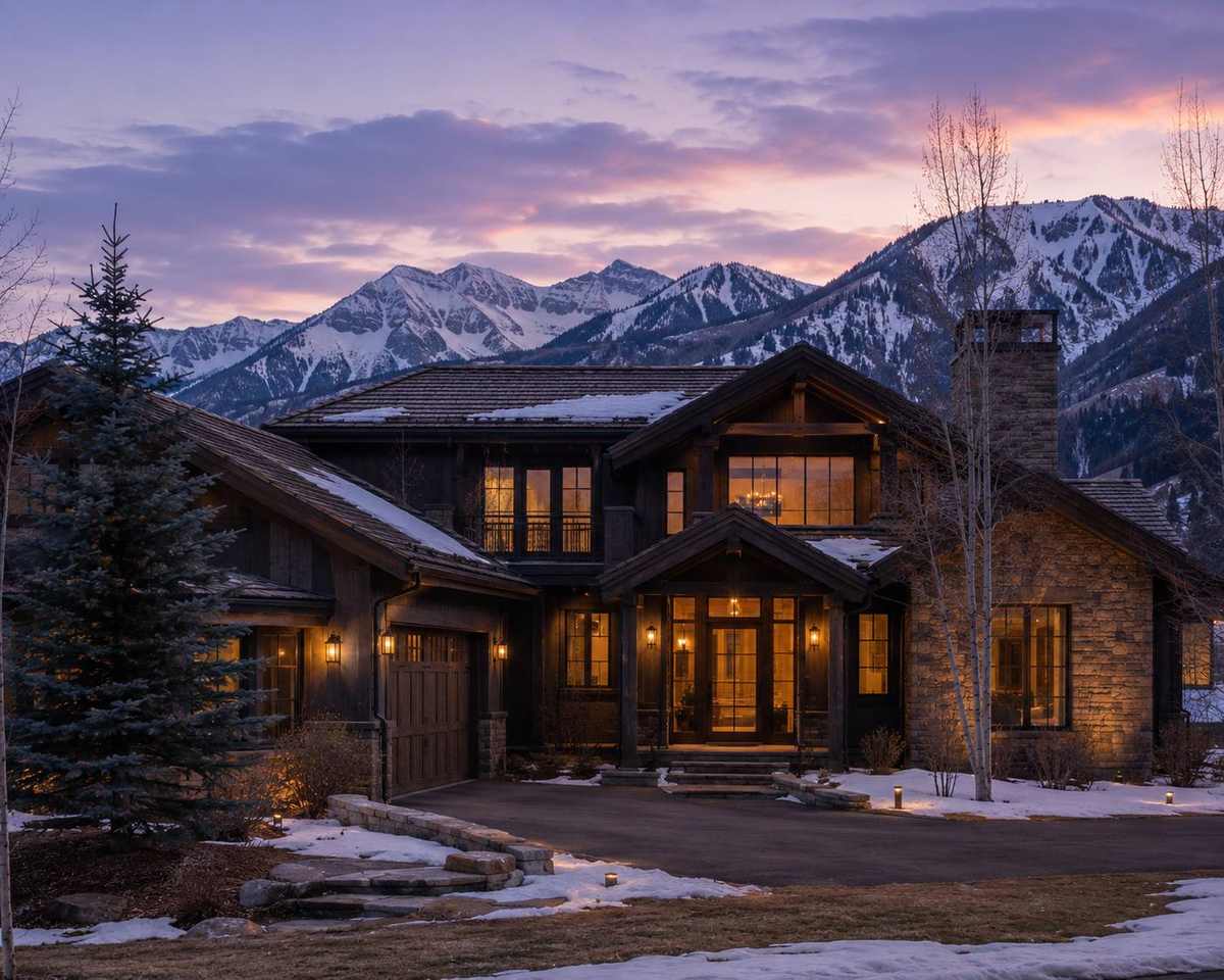 An upscale Aspen-area mountain home lit at dusk in shoulder season, snow on the ground